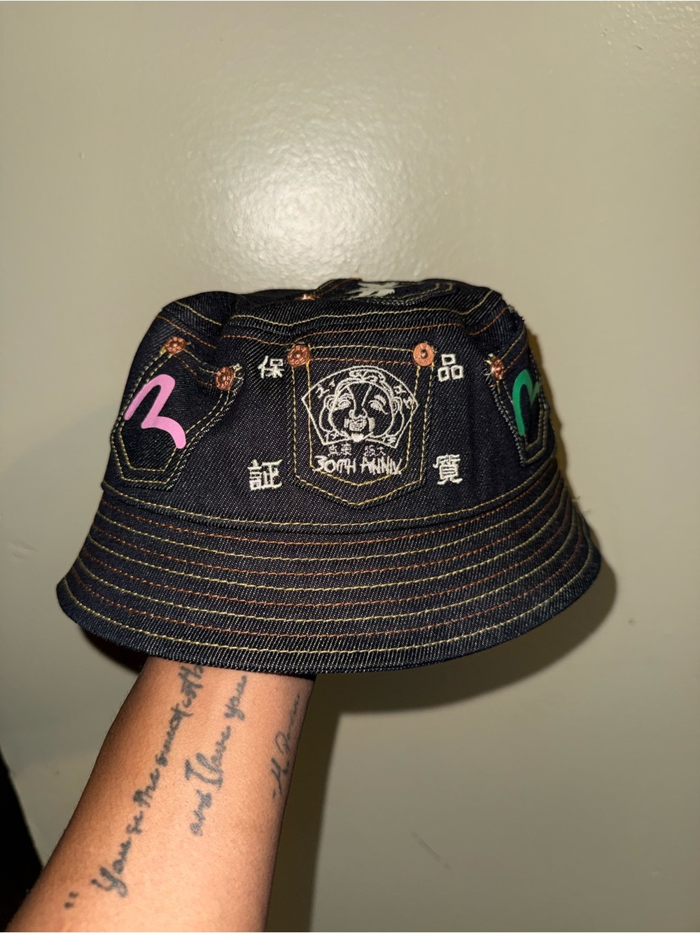 Evisu Denim Bucket Hat with Embroidered Patch & Multicolor Accents